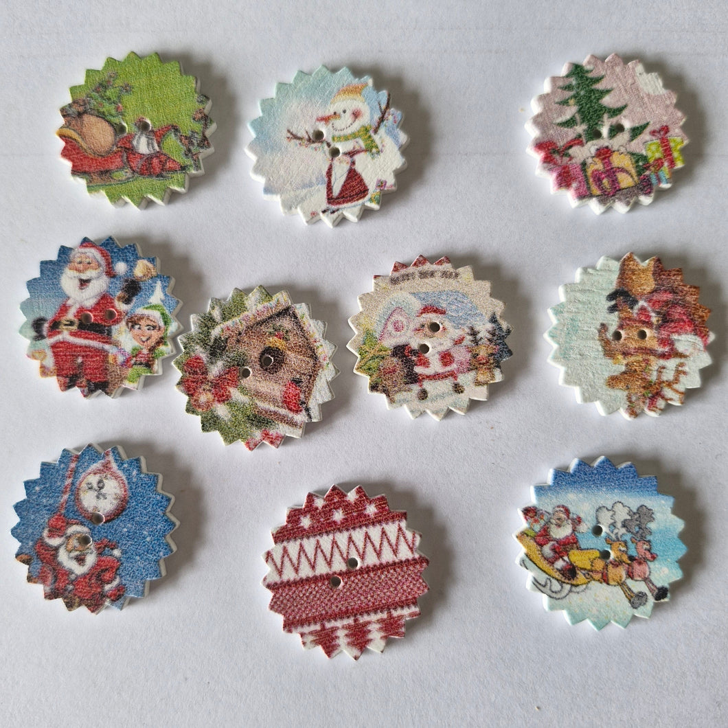 10 Christmas theme buttons with cog wheel edge 25mm white back