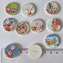 Load image into Gallery viewer, 10 Christmas theme buttons with cog wheel edge 25mm white back