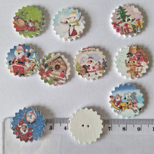 10 Christmas theme buttons with cog wheel edge 25mm white back