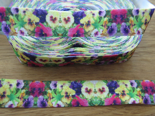 1m Pansy Flower print 15mm fold over elastic FOE foldover elastic