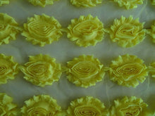 Load image into Gallery viewer, 4 Bright Yellow Shabby Chic Large Flowers 50-60mm wide on mesh backing