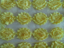 Load image into Gallery viewer, 4 Bright Yellow Shabby Chic Large Flowers 50-60mm wide on mesh backing