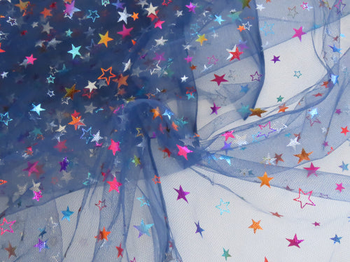1.6m Coloured Stars on Navy blue Tulle Net Fabric 160cm wide
