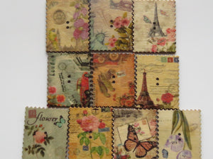 9 Postage Stamp Paris Floral Vintage Theme 2 holes 35 x 30mm