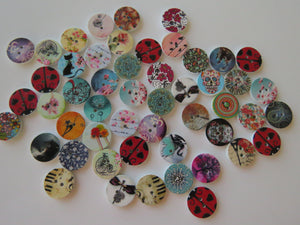 10 larger 25mm Mixed print- floral, music, heart, animal, cat, butterfly, dream buttons