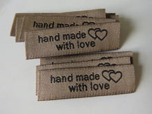 Load image into Gallery viewer, 25 Coffee Beige  Handmade With Love and Double Hearts Labels 50 x 15mm