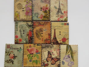 9 Postage Stamp Paris Floral Vintage Theme 2 holes 35 x 30mm