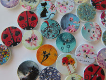 Load image into Gallery viewer, 10 larger 25mm Mixed print- floral, music, heart, animal, cat, butterfly, dream buttons