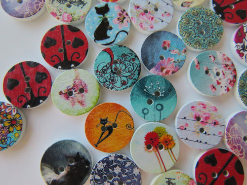 25 larger 25mm Mixed print- floral, music, heart, animal, cat, butterfly, dream buttons