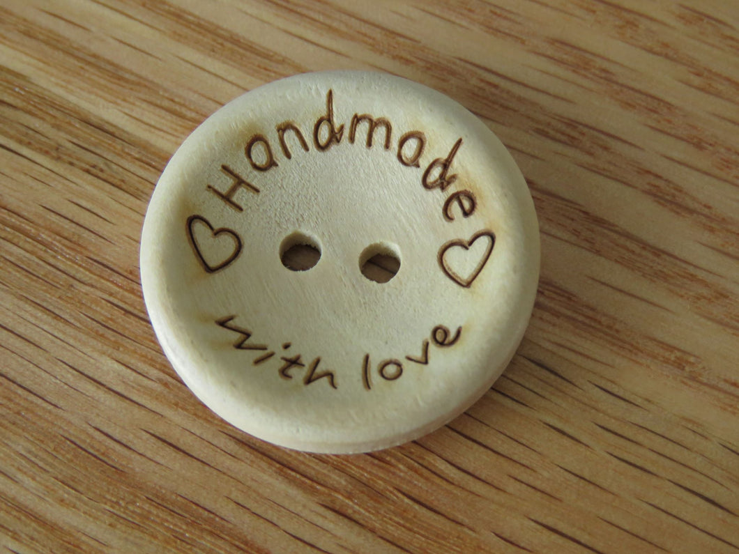 50 Larger buttons- 25mm Handmade with Love wood look buttons