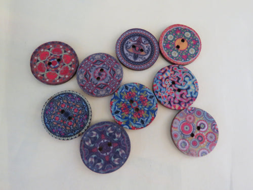 9 Retro Vintage print buttons 25mm