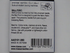 Klasse Ball Point Needles - 6 needles in a plastic case 80/12