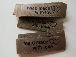 25 Coffee Beige  Handmade With Love and Double Hearts Labels 50 x 15mm