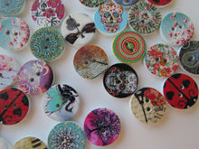 Load image into Gallery viewer, 10 larger 25mm Mixed print- floral, music, heart, animal, cat, butterfly, dream buttons