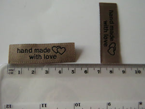 25 Coffee Beige  Handmade With Love and Double Hearts Labels 50 x 15mm