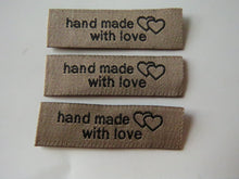 Load image into Gallery viewer, 10 Coffee Beige  Handmade With Love and Double Hearts Labels 50 x 15mm