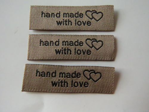 25 Coffee Beige  Handmade With Love and Double Hearts Labels 50 x 15mm