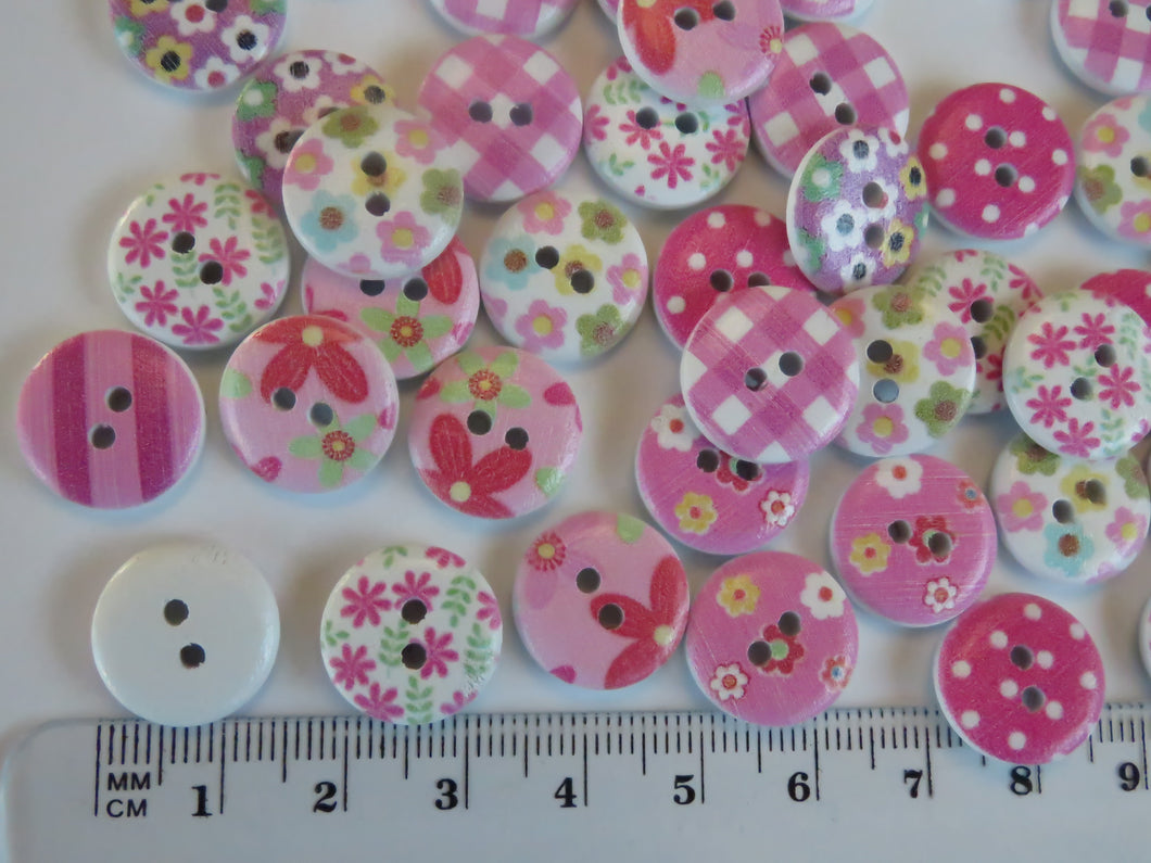 10 Pink Shades Mixed floral gingham buttons 15mm White back 2 holes