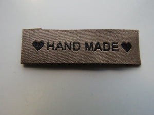 10 Tan Brown "Hand Made" between 2 Brown Hearts Labels 50mm x 15mm