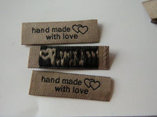 Load image into Gallery viewer, 10 Coffee Beige  Handmade With Love and Double Hearts Labels 50 x 15mm