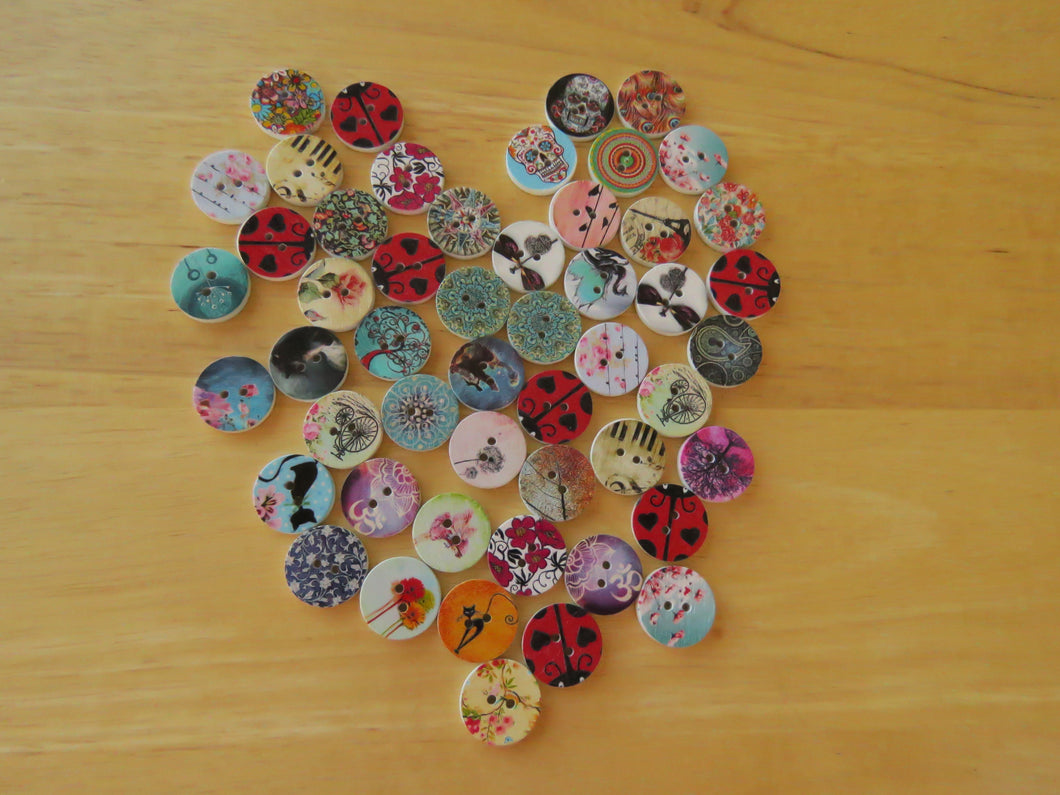 10 larger 25mm Mixed print- floral, music, heart, animal, cat, butterfly, dream buttons