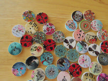 Load image into Gallery viewer, 10 larger 25mm Mixed print- floral, music, heart, animal, cat, butterfly, dream buttons