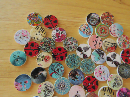 50 larger 25mm Mixed print- floral, music, heart, animal, cat, butterfly, dream buttons