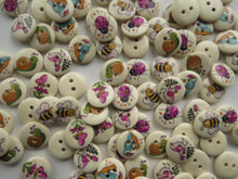 Load image into Gallery viewer, 10 mixed print Bee, Bird, snail, ladybug, butterfly 15mm buttons