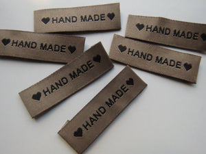 8 Tan Brown "Hand Made" between 2 Brown Hearts Labels 50mm x 15mm