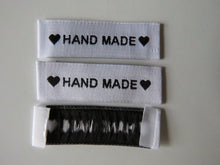 Load image into Gallery viewer, 50 White Labels printed with &quot;Hand Made&quot; between Black Hearts Labels 50 x 15mm