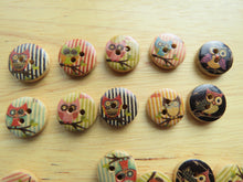 Load image into Gallery viewer, 50  Striped Owl on branch buttons 15mm- wood colour back