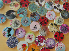 Load image into Gallery viewer, 10 larger 25mm Mixed print- floral, music, heart, animal, cat, butterfly, dream buttons