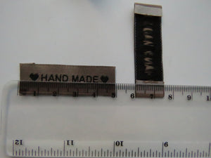 25 Tan Brown "Hand Made" between 2 Brown Hearts Labels 50mm x 15mm