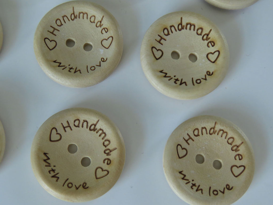 50 x 15mm Handmade with Love and 2 hearts 15mm buttons