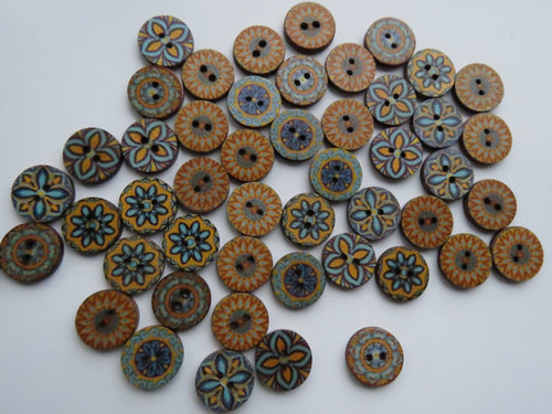 50 Retro Vintage Blue and Yellow Print 15mm buttons 2 holes