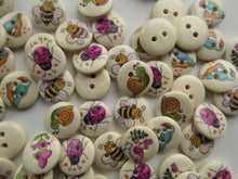 Load image into Gallery viewer, 10 mixed print Bee, Bird, snail, ladybug, butterfly 15mm buttons