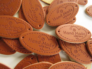 50 Oval Shape Hand Made with Love & flower and heart PU Leather Labels 30x 10mm