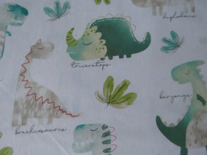 1m Dinosaur Print on white background 100% organic cotton jersey knit 112cm