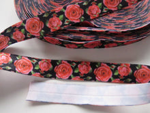 Load image into Gallery viewer, 1m Red Roses on Black fold over elastic FOE foldover elastic 15mm wide