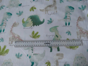 1m Dinosaur Print on white background 100% organic cotton jersey knit 112cm