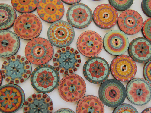 10 Mixed Pattern Teal Orange Pink Retro Print buttons 25mm diameter