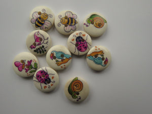 10 mixed print Bee, Bird, snail, ladybug, butterfly 15mm buttons