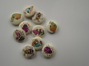 10 mixed print Bee, Bird, snail, ladybug, butterfly 15mm buttons