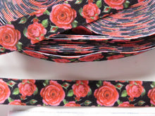 Load image into Gallery viewer, 8.7m Red Roses on Black fold over elastic FOE foldover elastic 15mm wide