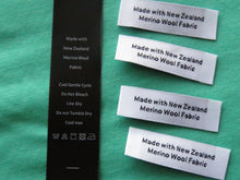 Load image into Gallery viewer, 10 Black Satin washing instructions and 10 White Made with New Zealand Merino wool labels