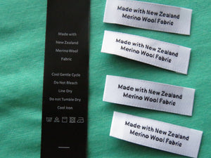 10 Black Satin washing instructions and 10 White Made with New Zealand Merino wool labels