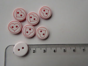 17 Single Red Heart on white buttons -resin 12.5mm buttons