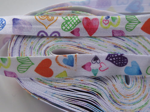 1m Mixed colour and designs Heart print white fold over elastic FOE foldover elastic 15mm wide