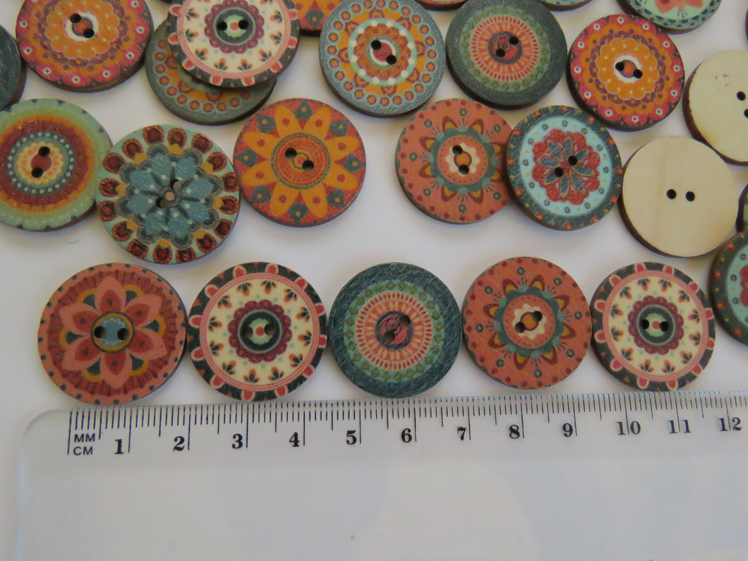 10 Mixed Pattern Teal Orange Pink Retro Print buttons 25mm diameter