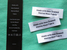 Load image into Gallery viewer, 10 Black Satin washing instructions and 10 White Made with New Zealand Merino wool labels